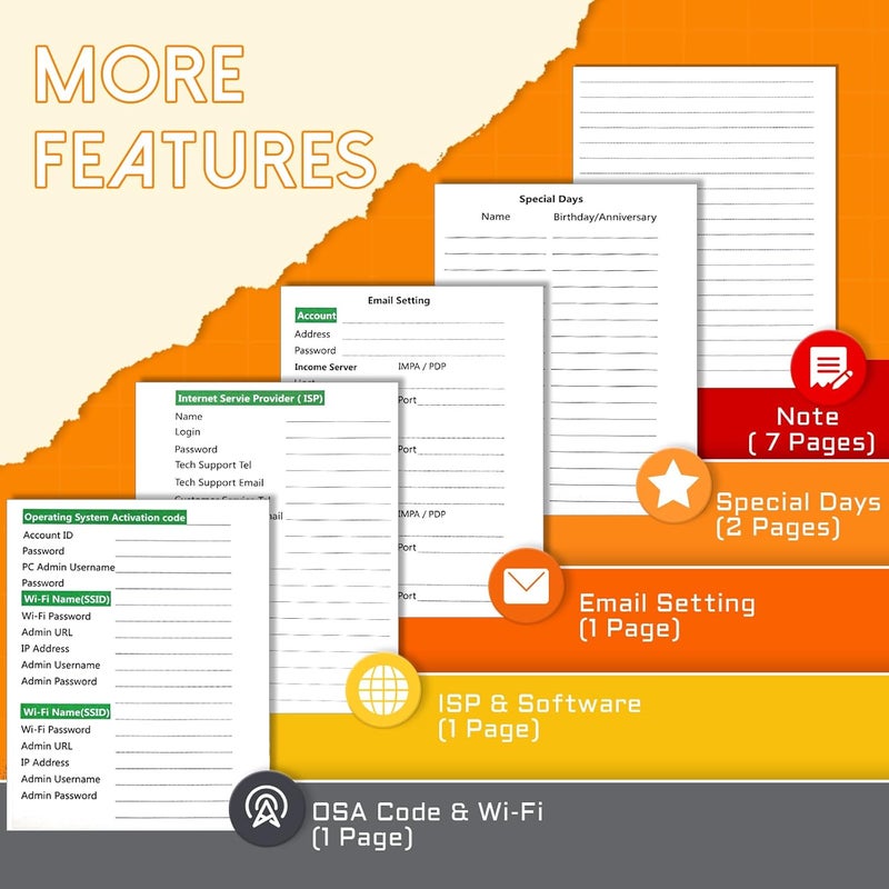 BLESWIN Password Keeper with Alphabetical Tabs, Internet Password Organizer for Contacts, Websitesm Special Days and Notes – 6'' x5.1'', Orange - Image 3